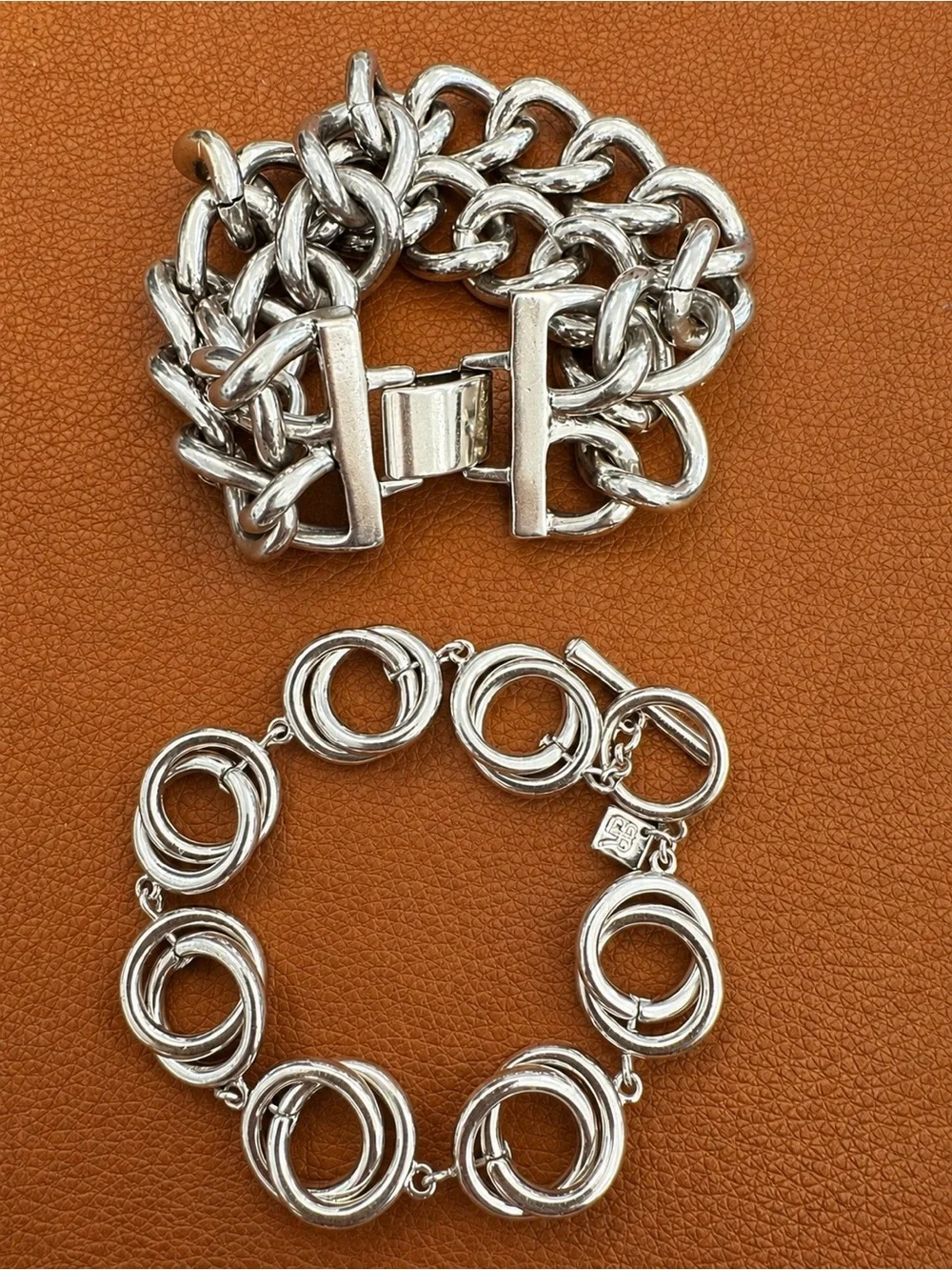 Silver-Tone Heavy Double Chain and Circle Link Bracelet Set